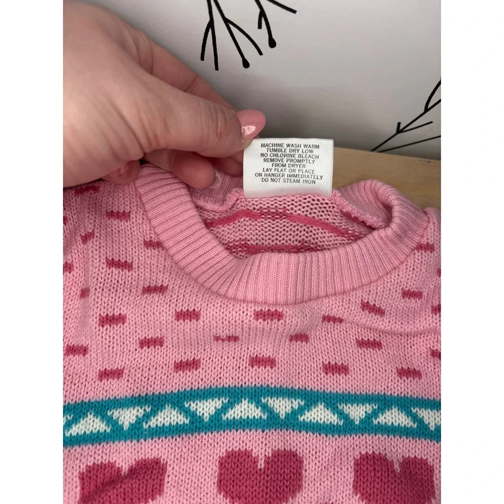 Vintage Aileen Toddler Pink Heart Fair Isle Knit Sweater & Wide Leg Pants Set 4T